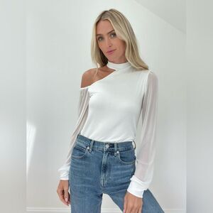 Women’s Small One Shoulder Fitted Top Sexy Sheer Chiffon Sleeve Blouse NWT